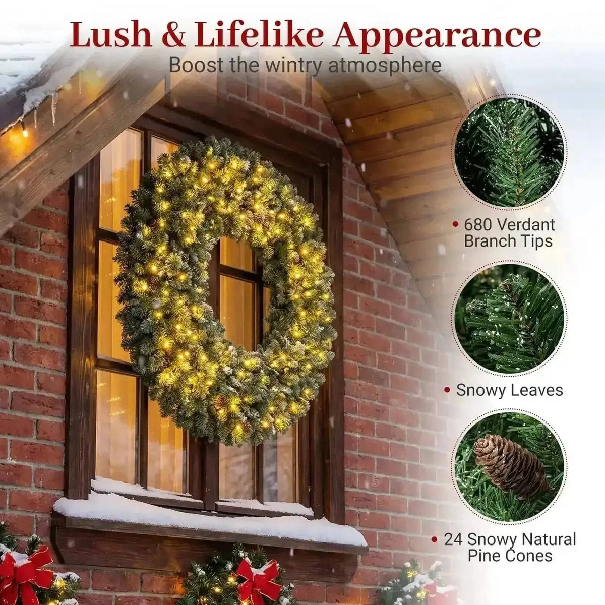 60 Inch Pre-Lit Artificial Christmas Wreath 200 LED Warm White Lights Cartsfy Inc.