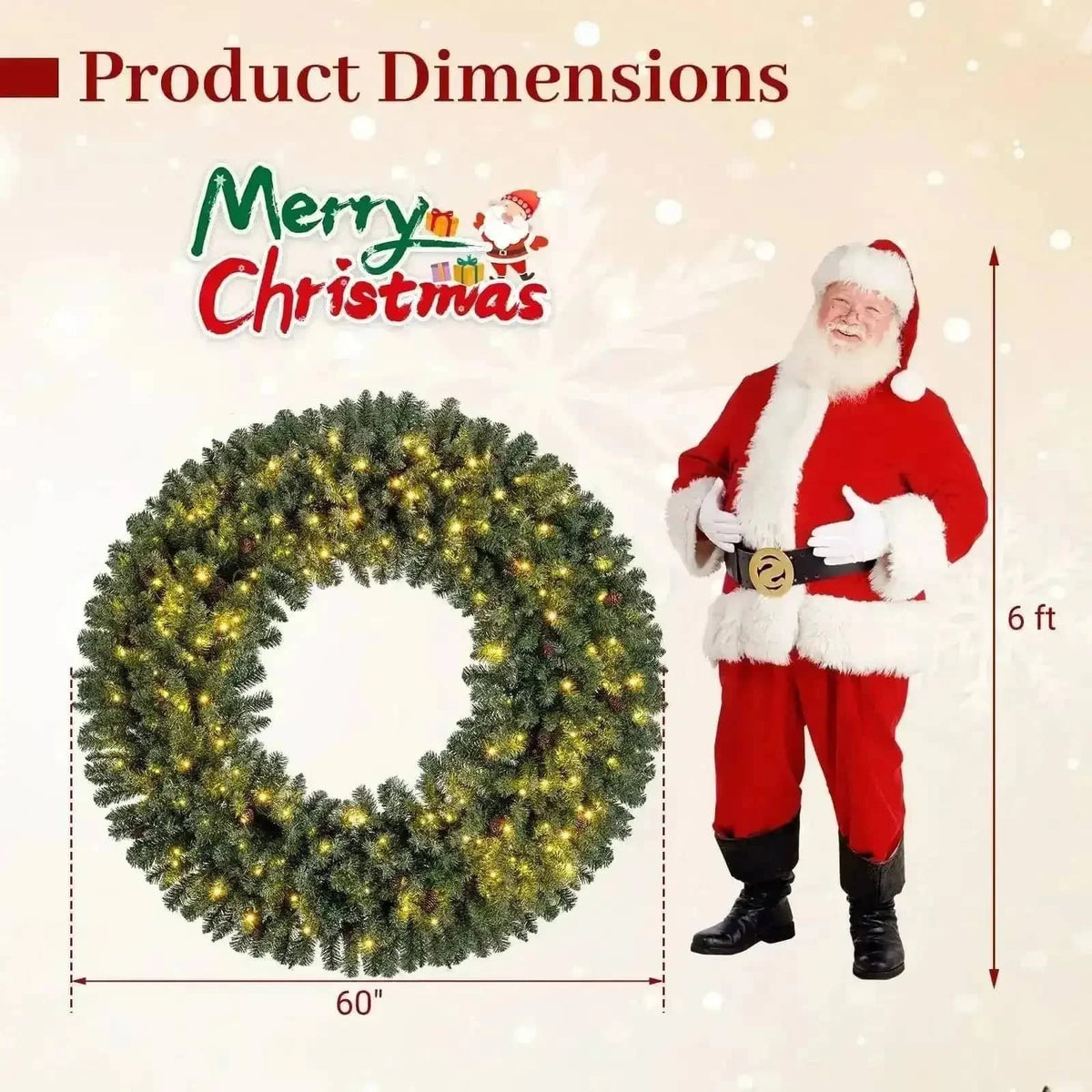 60 Inch Pre-Lit Artificial Christmas Wreath 200 LED Warm White Lights Cartsfy Inc.