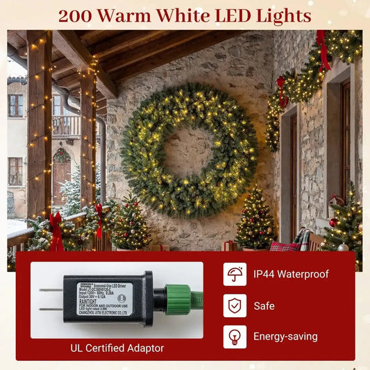 60 Inch Pre-Lit Artificial Christmas Wreath 200 LED Warm White Lights Cartsfy Inc.