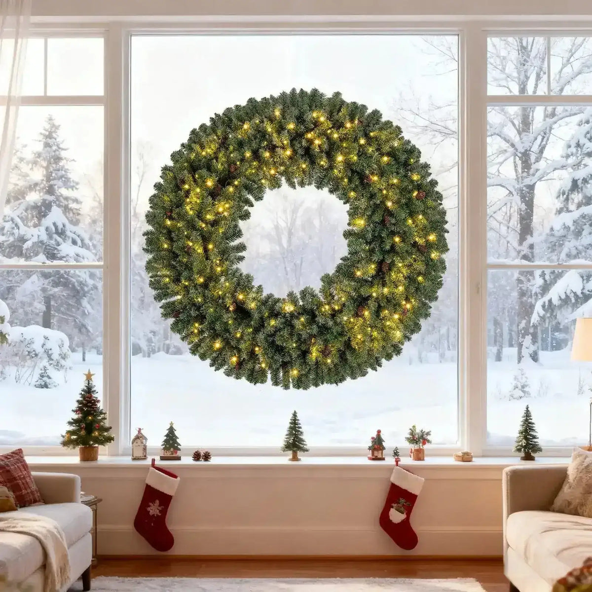 60 Inch Pre-Lit Artificial Christmas Wreath 200 LED Warm White Lights Cartsfy Inc.