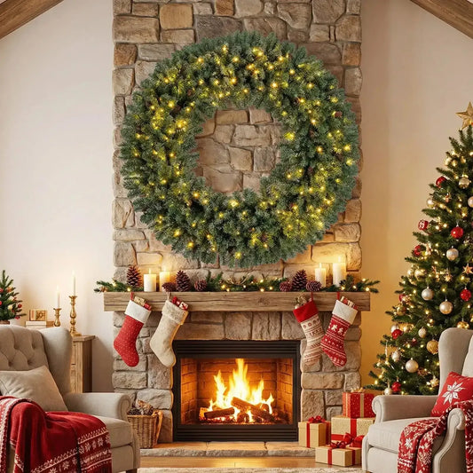 60 Inch Pre-Lit Artificial Christmas Wreath 200 LED Warm White Lights Cartsfy Inc.