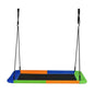 Platform tree swing with 2 hanging straps; blue, green and orange platform with black center