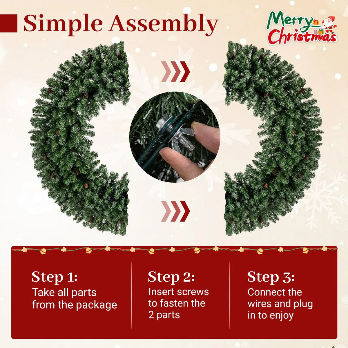 60 Inch Pre-Lit Artificial Christmas Wreath 200 LED Warm White Lights