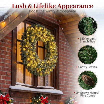 60 Inch Pre-Lit Artificial Christmas Wreath 200 LED Warm White Lights