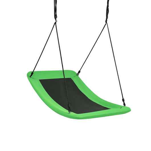 Green platform tree swing with black seating pad and hanging chains