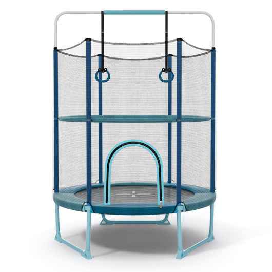 Kids 60-inch trampoline with blue frame, safety net, gymnastic bar and hanging rings