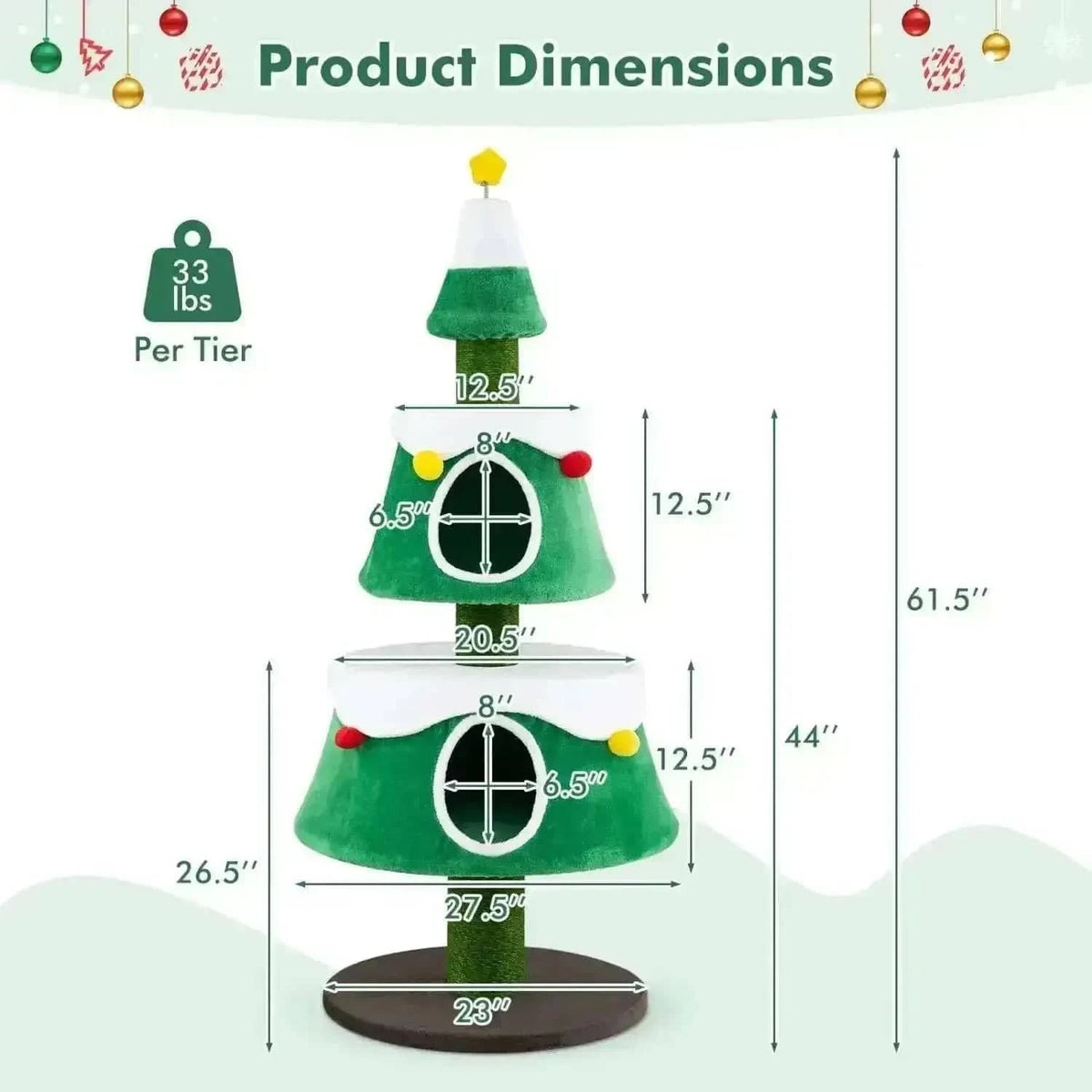 61.5" Christmas Tree Cat Tower with 2 Condos & Scratching Posts Cartsfy Inc.