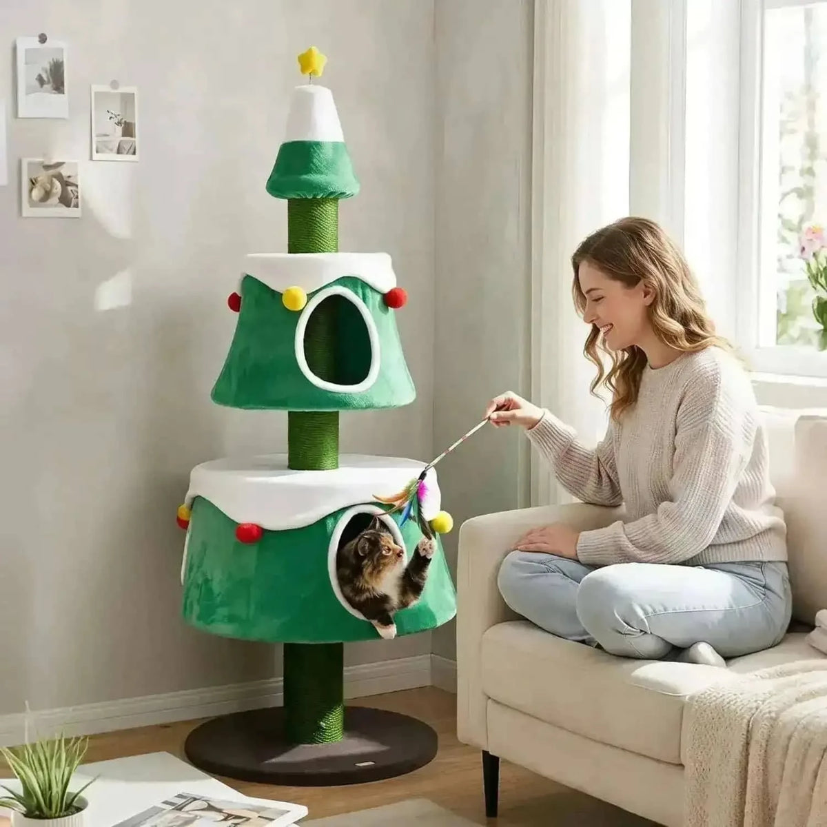 61.5" Christmas Tree Cat Tower with 2 Condos & Scratching Posts Cartsfy Inc.