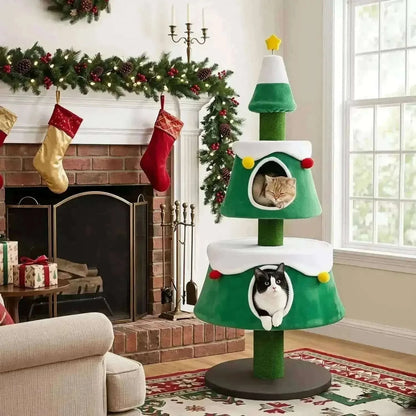 61.5" Christmas Tree Cat Tower with 2 Condos & Scratching Posts Cartsfy Inc.