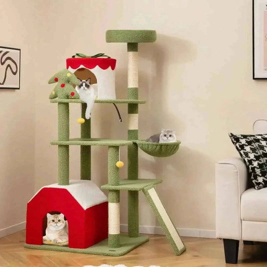 61 Inches Cute Christmas Cat Tree with Sisal Scratching Posts and 2 Condos-Green