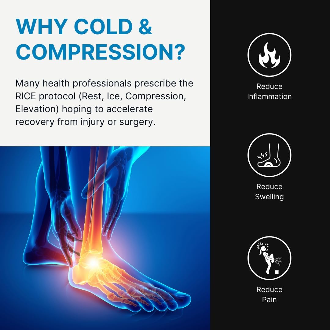Black cold-therapy compression sleeve with icons indicating reduced inflammation and swelling