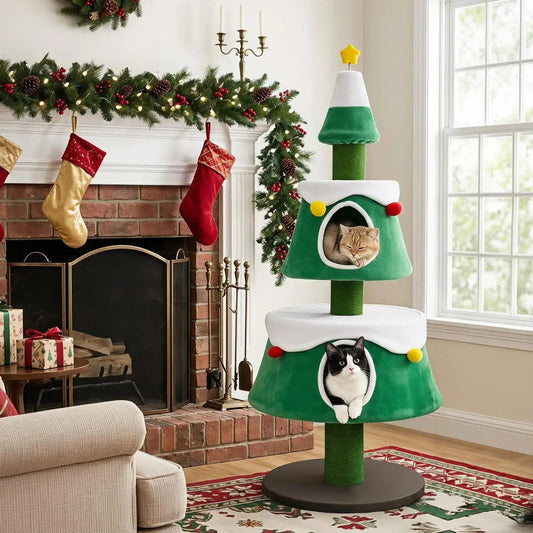 61.5" Christmas Tree Cat Tower with 2 Condos & Scratching Posts DirectDeals Default Title Default Title-