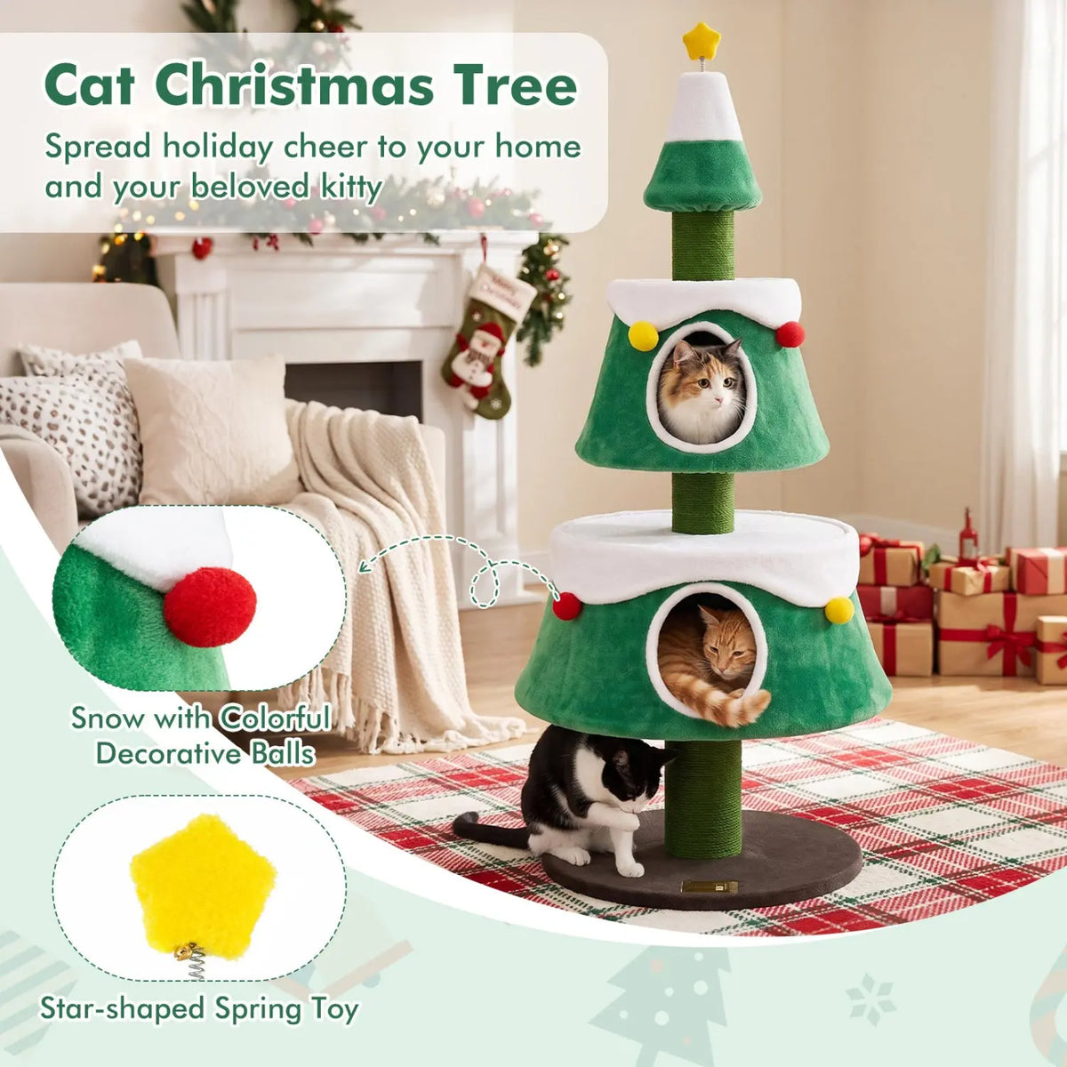 61.5" Christmas Tree Cat Tower with 2 Condos & Scratching Posts