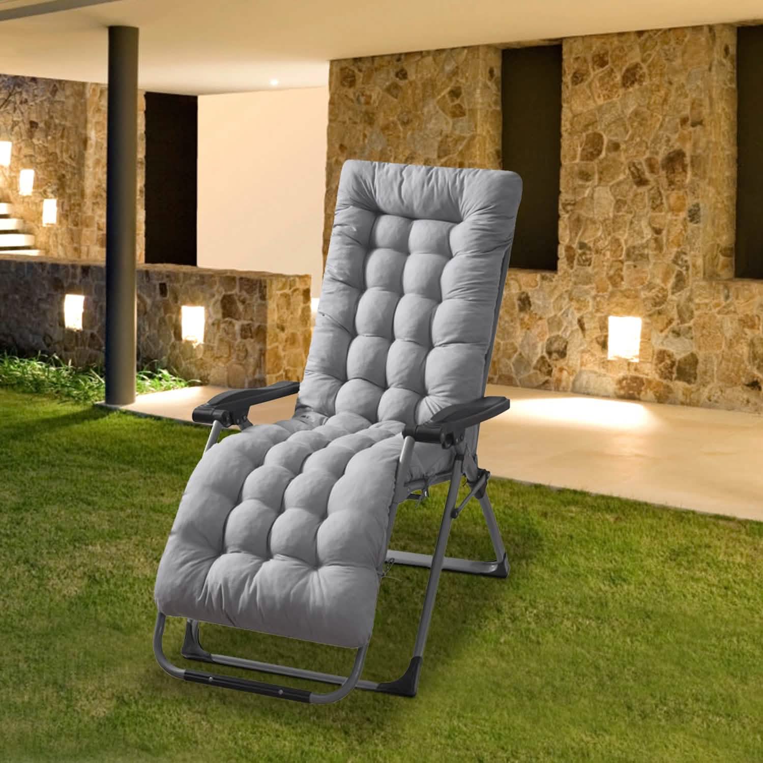 Rocking recliner chair cushion with light gray button-tufted padded back