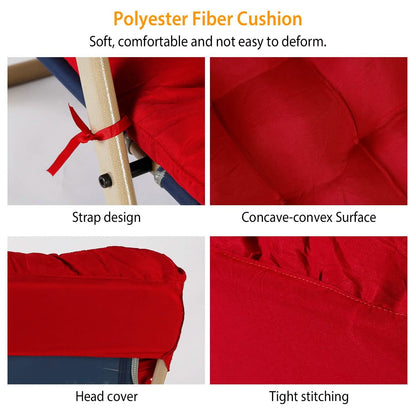 Tufted red polyester cushion with strap ties and tight stitching detail on fabric