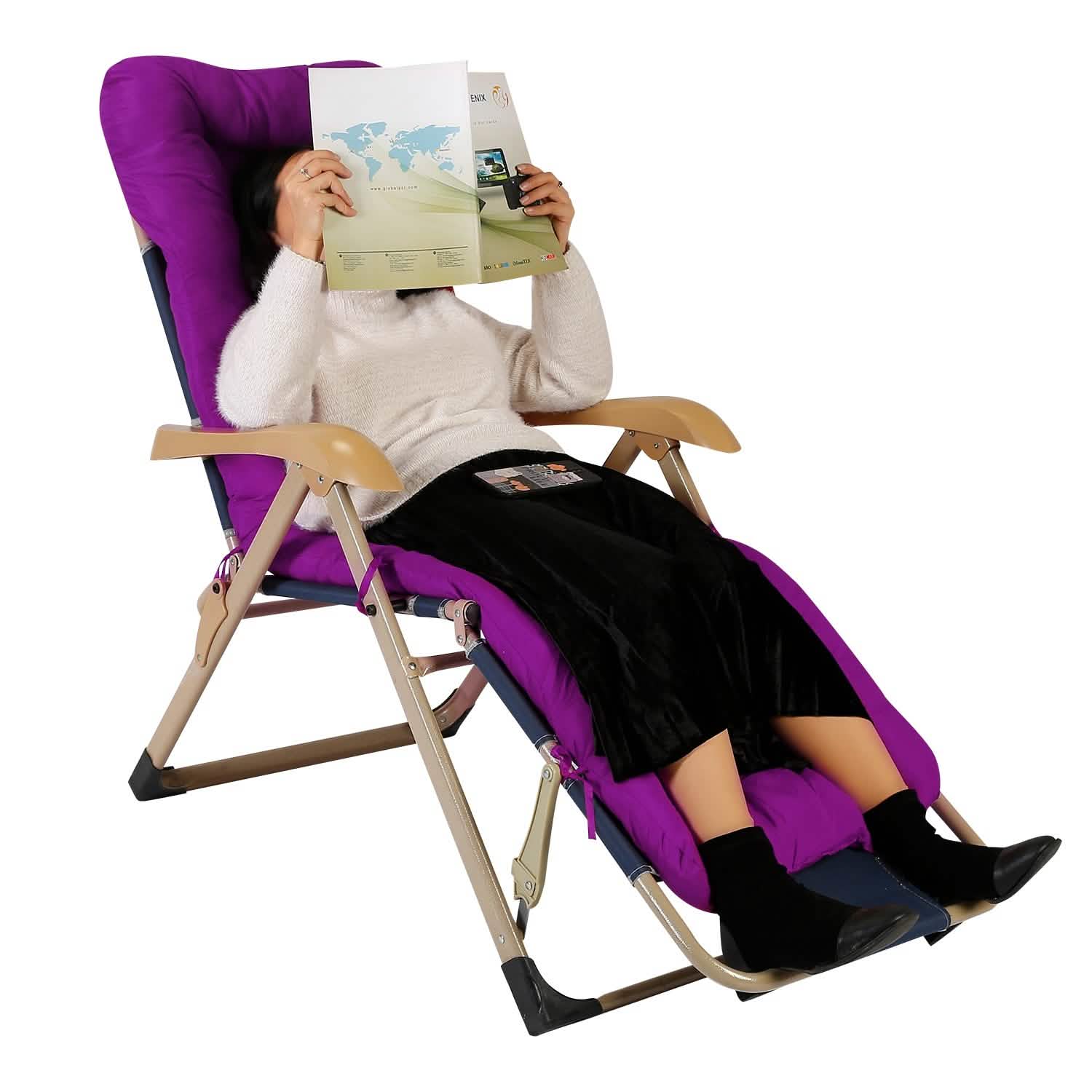 Purple chaise lounger cushion recliner with tufted back and seat, black side cover.