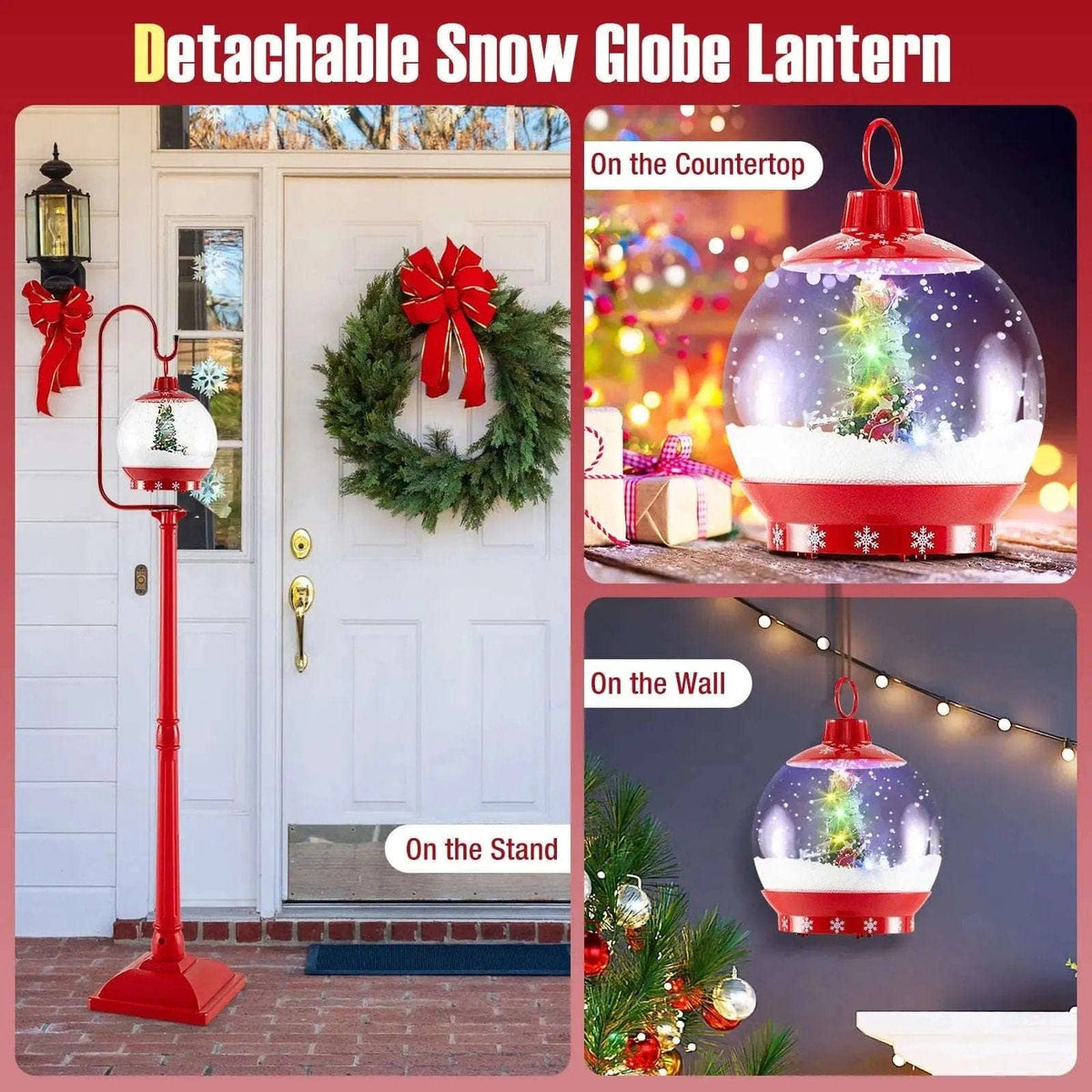 68 Inch Festive Musical Christmas Street Lamp Post with Snow Globe Lantern-Red Cartsfy Inc.