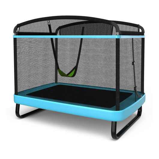 Kids trampoline with swing safety fence, blue base and black frame with mesh enclosure