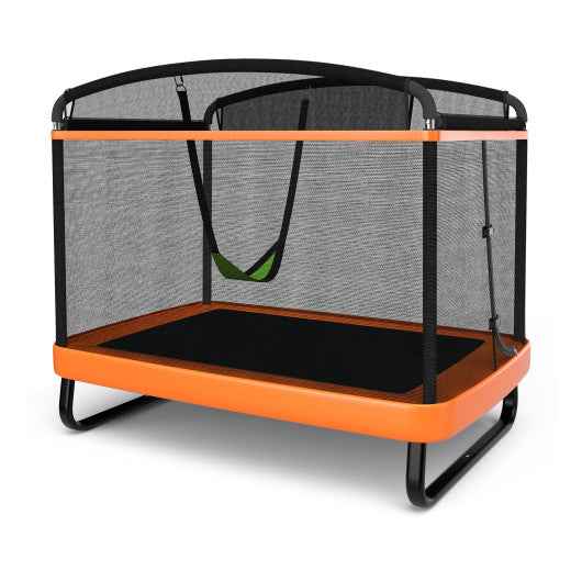 Kids 6ft trampoline with orange base, black frame, gray mesh swing safety fence