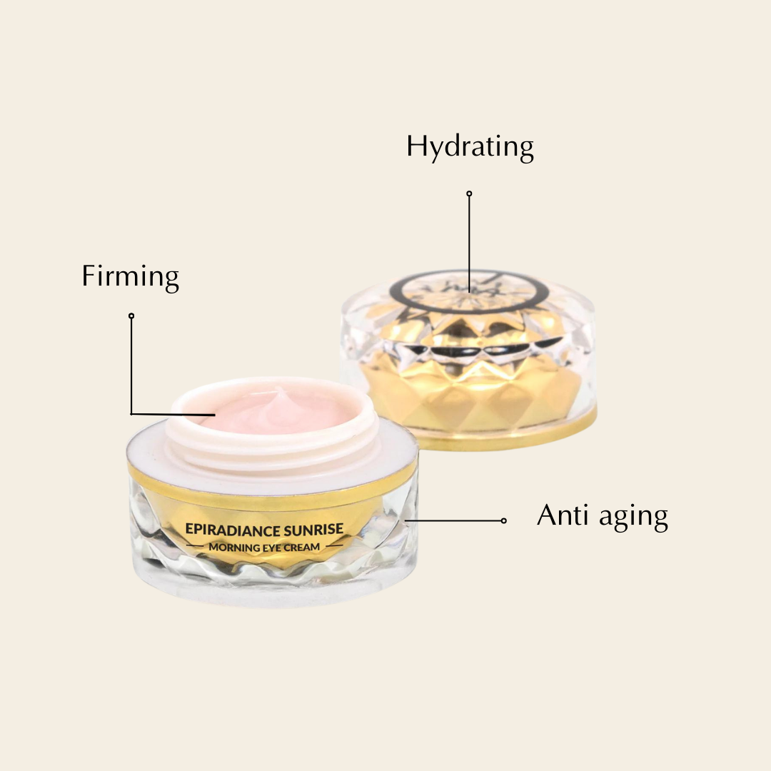 Eye cream jar with gold lid and callouts for firming, hydrating, and anti aging