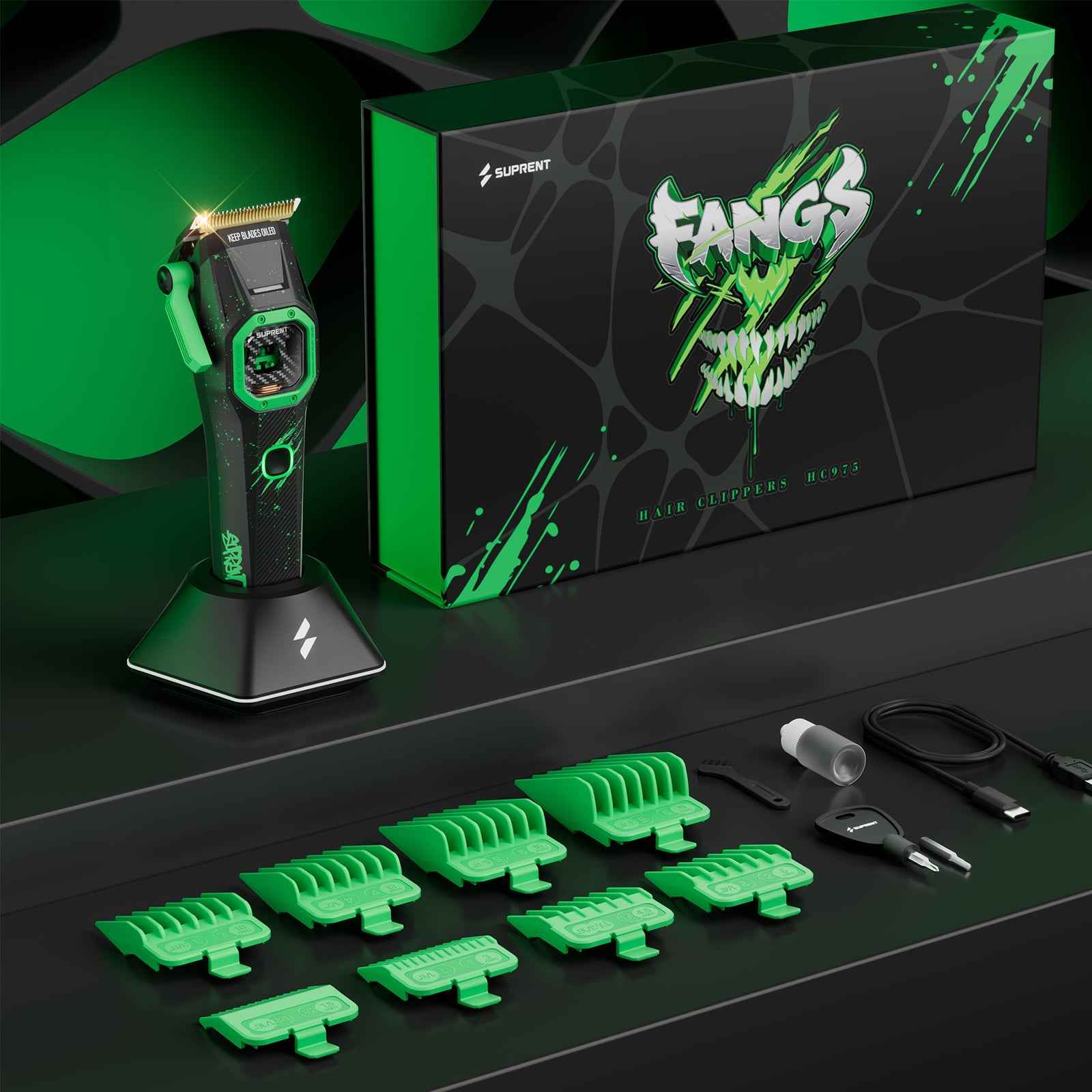 Hair clipper kit with black-and-green clipper, comb guards, and charging dock.