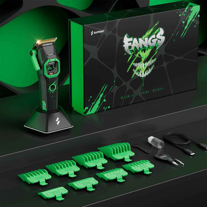Hair clipper kit with black-and-green clipper, comb guards, and charging dock.