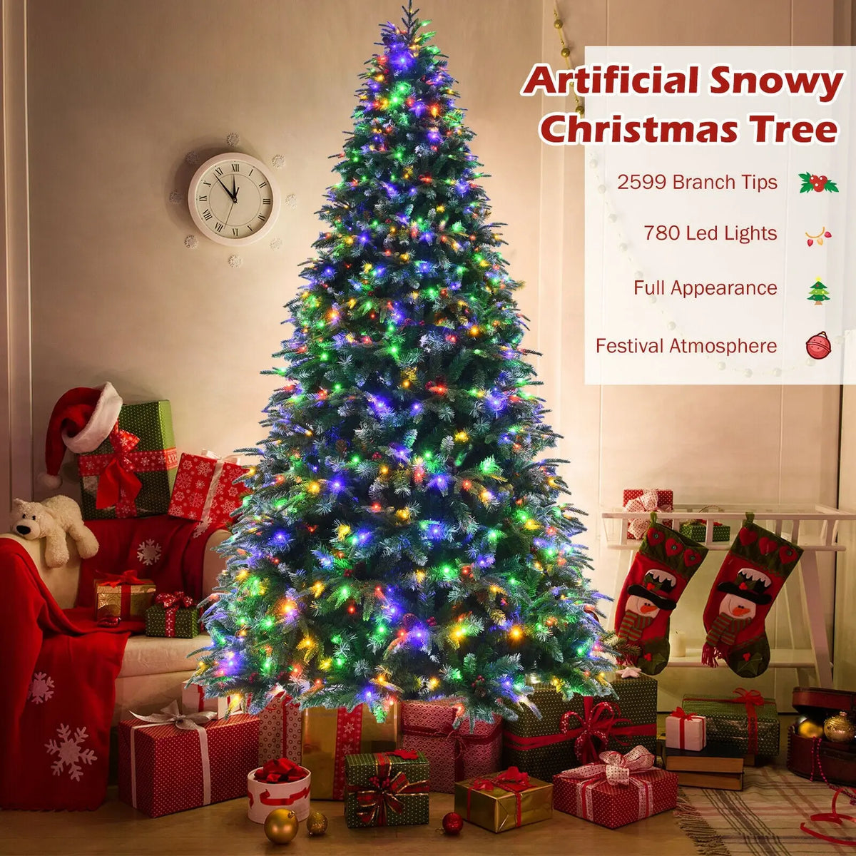 Pre-Lit Snowy Christmas Hinged Tree with Multi-Color Lights
