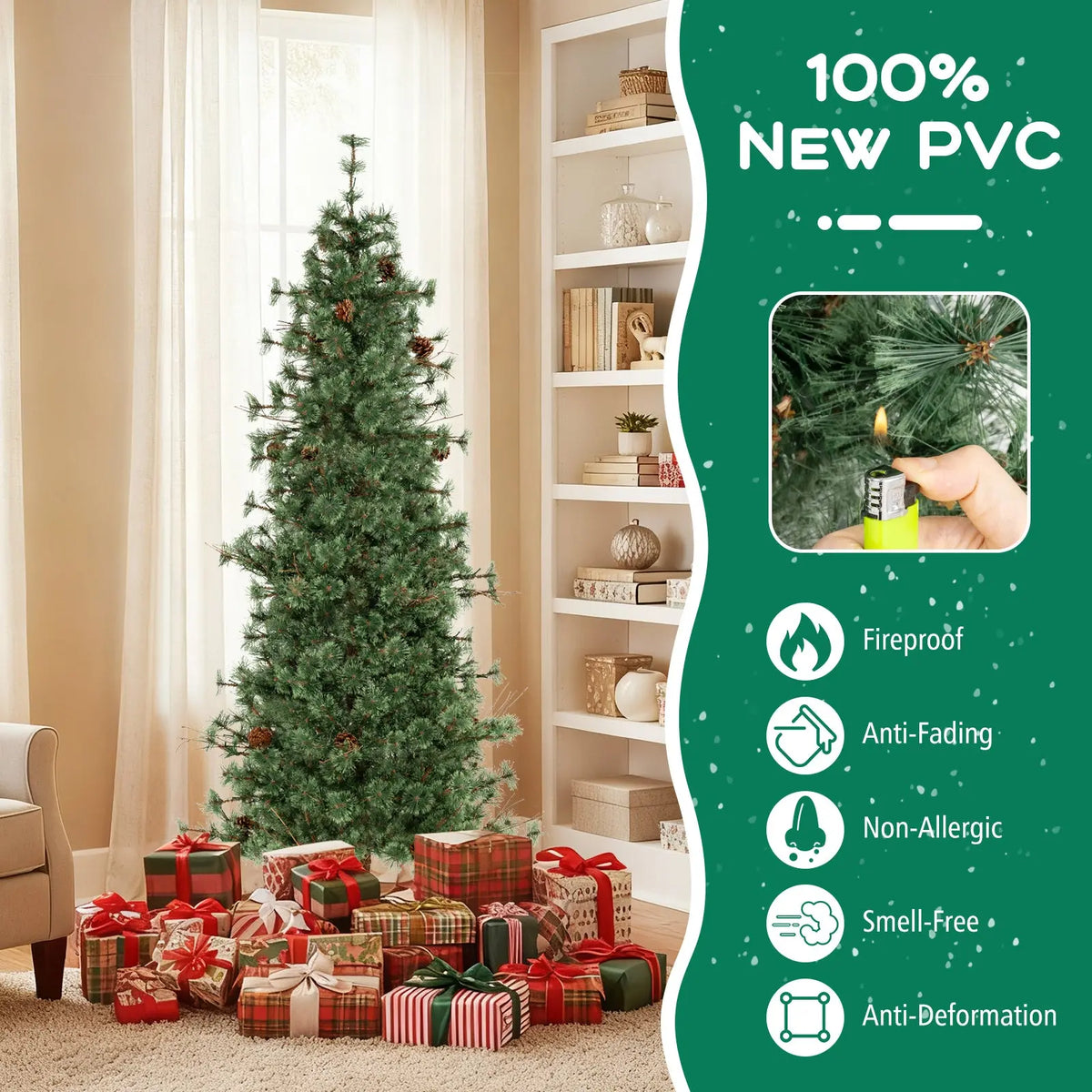 6/7/8 Feet Artificial Christmas Tree Pre-lit Hinged Xmas Tree with Warm White LED Lights and Pine Cones