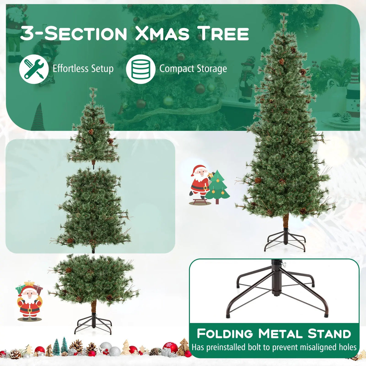 6/7/8 Feet Artificial Christmas Tree Pre-lit Hinged Xmas Tree with Warm White LED Lights and Pine Cones