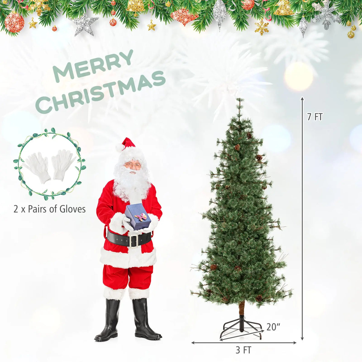 6/7/8 Feet Artificial Christmas Tree Pre-lit Hinged Xmas Tree with Warm White LED Lights and Pine Cones