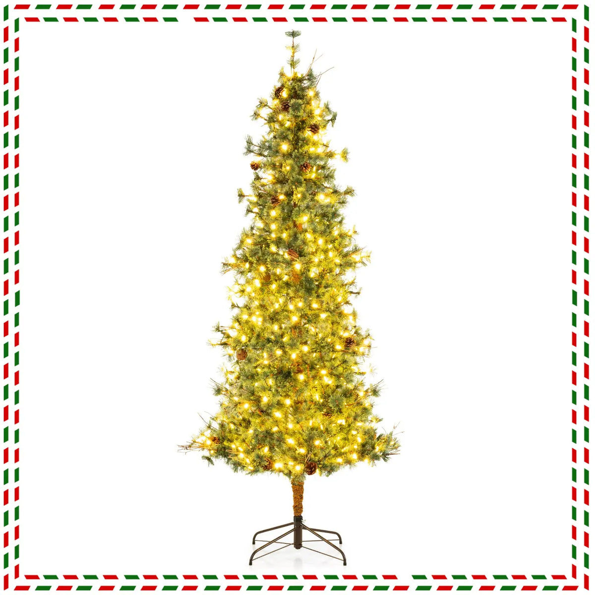 6/7/8 Feet Artificial Christmas Tree Pre-lit Hinged Xmas Tree with Warm White LED Lights and Pine Cones