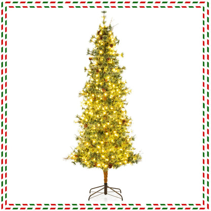 6/7/8 Feet Artificial Christmas Tree Pre-lit Hinged Xmas Tree with Warm White LED Lights and Pine Cones