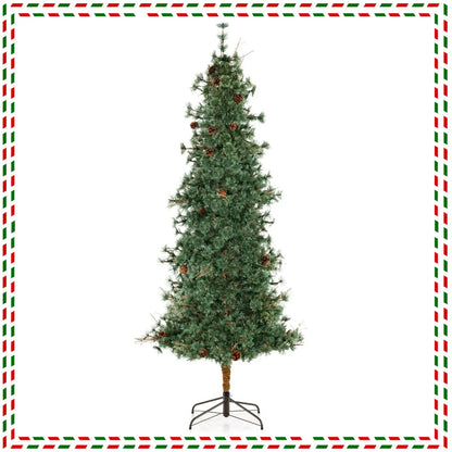 6/7/8 Feet Artificial Christmas Tree Pre-lit Hinged Xmas Tree with Warm White LED Lights and Pine Cones
