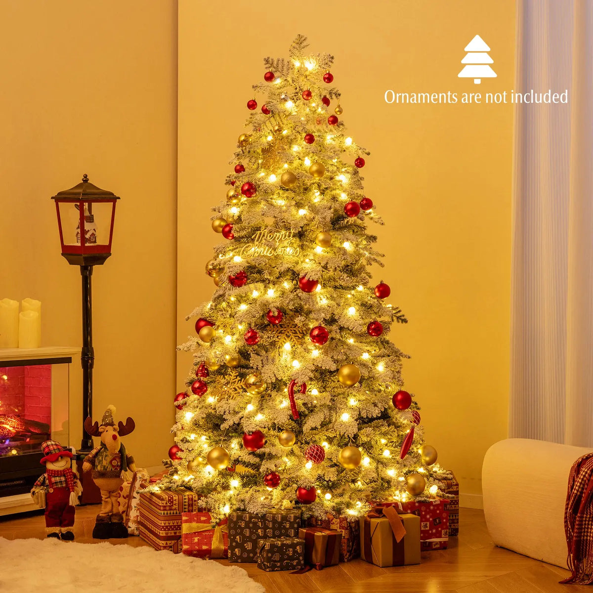 6/7 Feet Artificial Snow-flocked Christmas Tree Pre-lit Hinged Xmas Tree with 130 Twinkle Balls