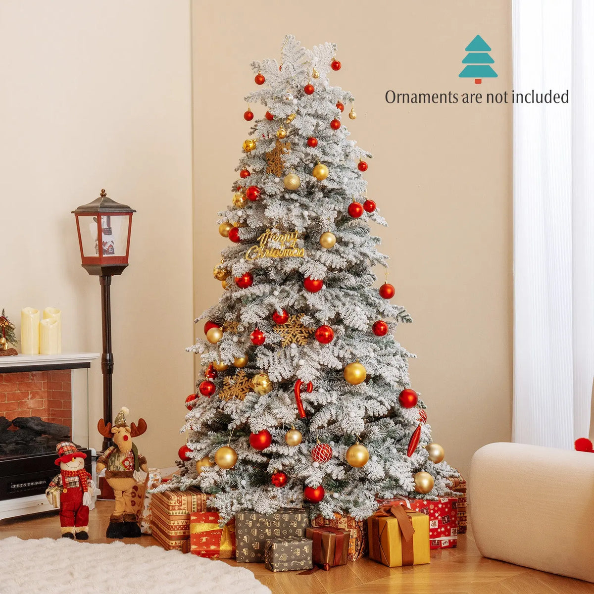 6/7 Feet Artificial Snow-flocked Christmas Tree Pre-lit Hinged Xmas Tree with 130 Twinkle Balls