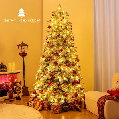6/7 Feet Artificial Snow-flocked Christmas Tree Pre-lit Hinged Xmas Tree with 130 Twinkle Balls