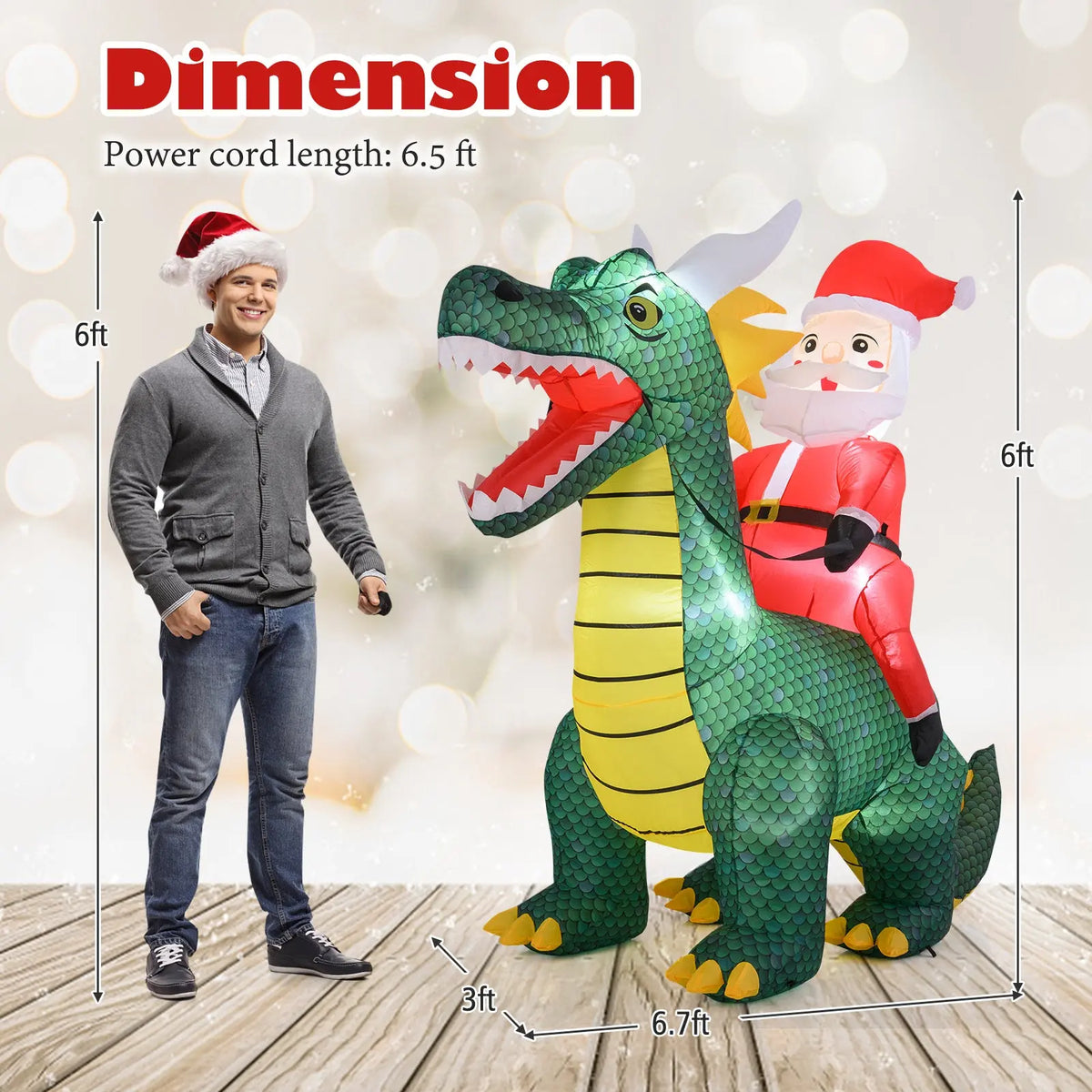 6.7 Feet Christmas Inflatable Santa Claus Ride on Dinosaur with Built-in LED Lights