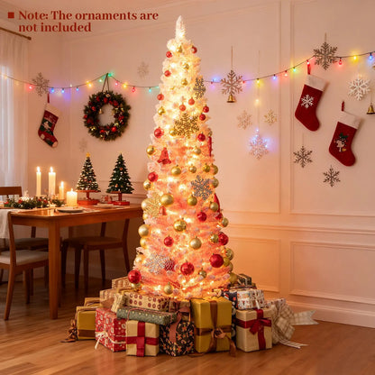 6 FTSnow-flocked Artificial Pink Christmas Tree Pre-lit Hinged Xmas Tree for Holiday Decoration