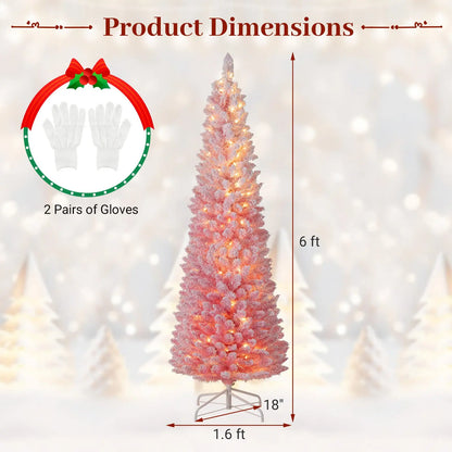 6 FTSnow-flocked Artificial Pink Christmas Tree Pre-lit Hinged Xmas Tree for Holiday Decoration