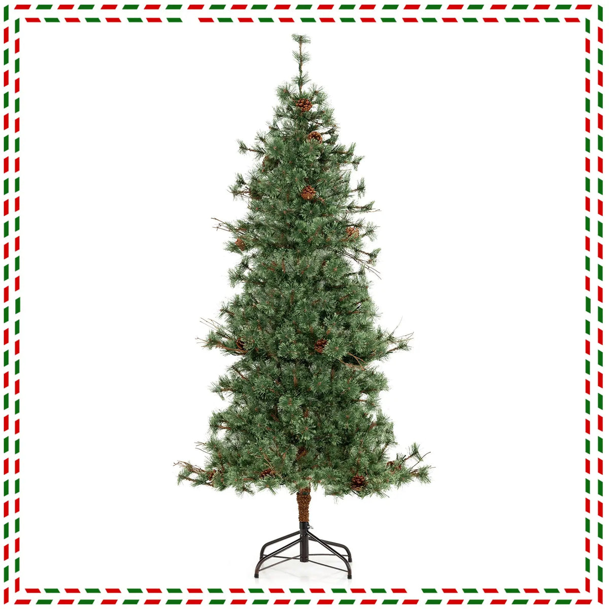 6/7/8 Feet Artificial Christmas Tree Pre-lit Hinged Xmas Tree with Warm White LED Lights and Pine Cones