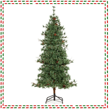 6/7/8 Feet Artificial Christmas Tree Pre-lit Hinged Xmas Tree with Warm White LED Lights and Pine Cones