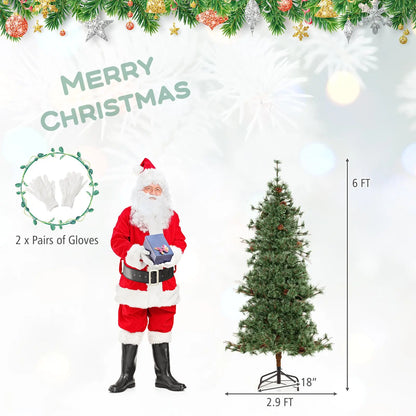 6/7/8 Feet Artificial Christmas Tree Pre-lit Hinged Xmas Tree with Warm White LED Lights and Pine Cones