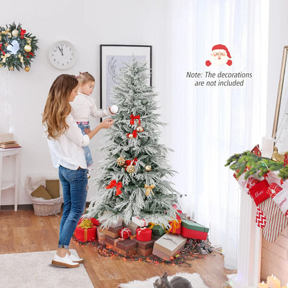 7 Feet Snow-flocked Artificial Christmas Tree Pre-lit Hinged Xmas Tree with Warm White LED Lights