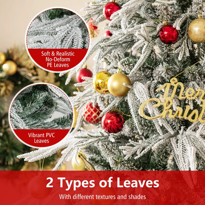 7 Feet Snow-flocked Artificial Christmas Tree Pre-lit Hinged Xmas Tree with Warm White LED Lights