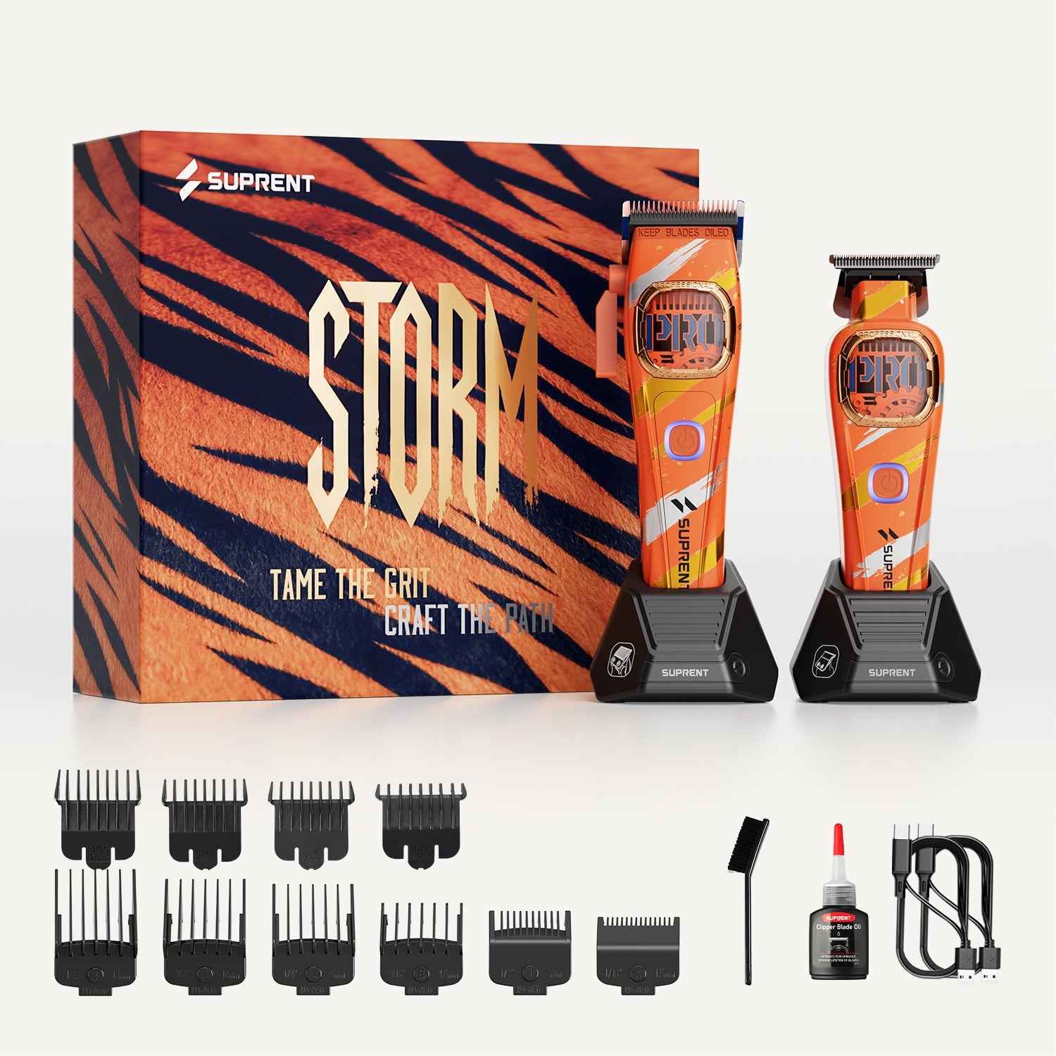 SUPRENT hair clipper combo box with orange trimmer and multiple comb guards