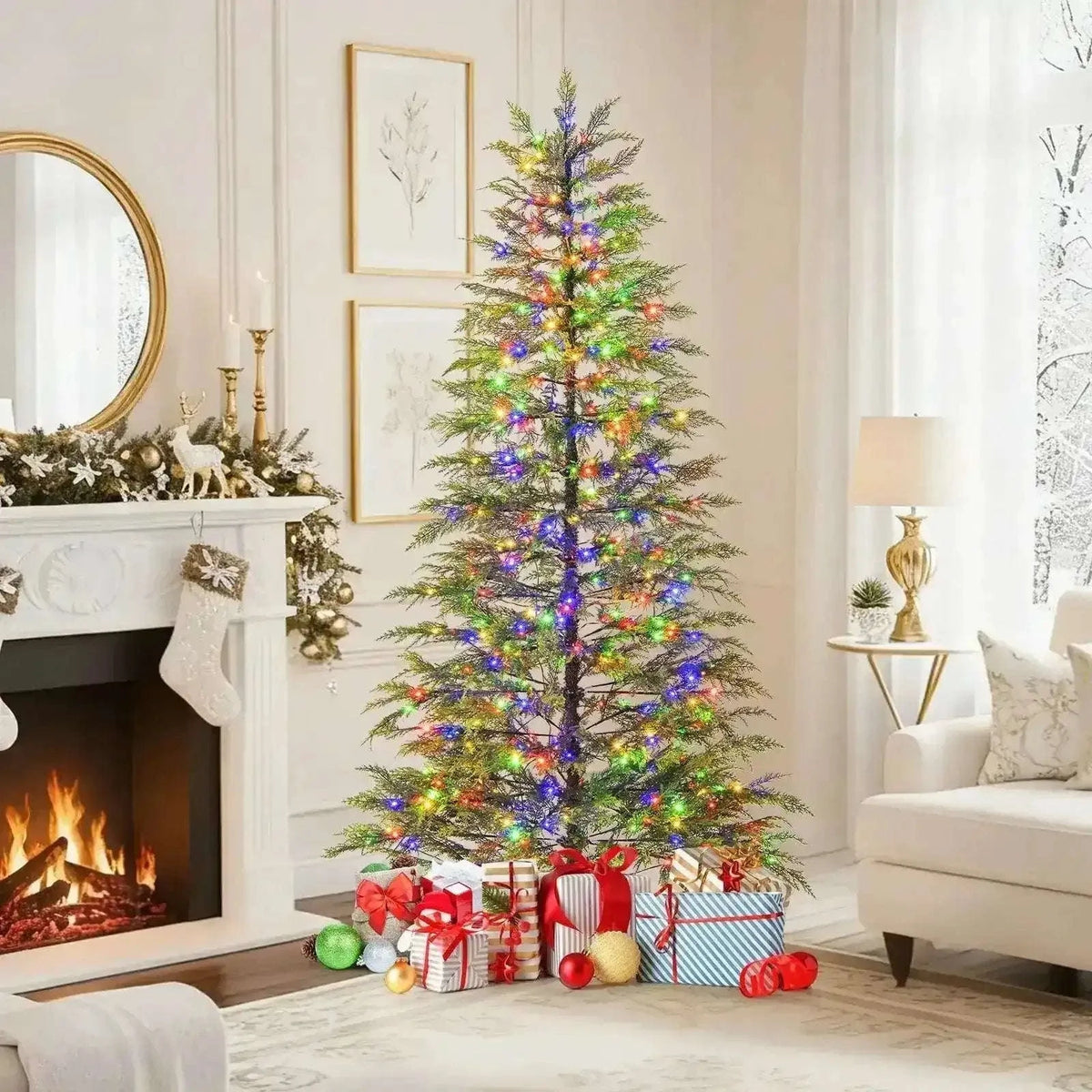 7.5 Feet Artificial Christmas Tree with Branch Tips and Colorful LED Lights Cartsfy Inc.