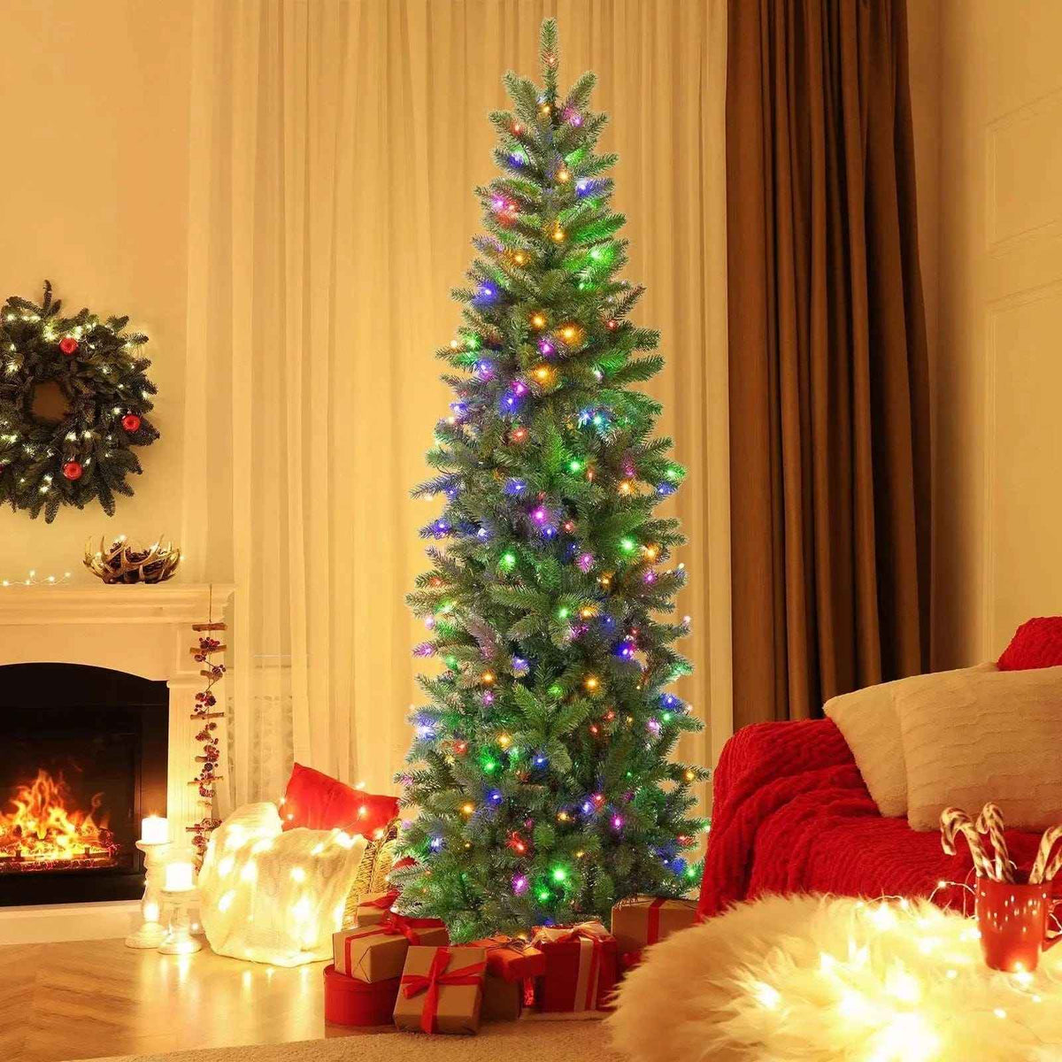 7.5 Feet Pre-lit Slim Artificial Christmas Tree with LED Lights