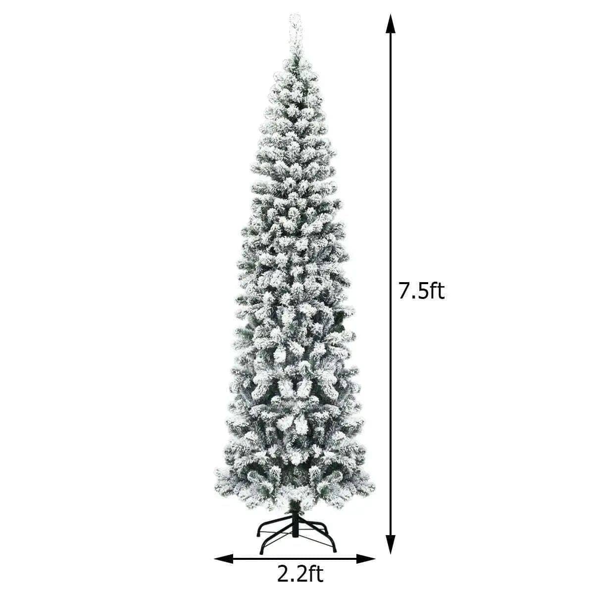 7.5 Feet Pre-lit Snow Flocked Artificial Pencil Christmas Tree with LED Lights Cartsfy Inc.