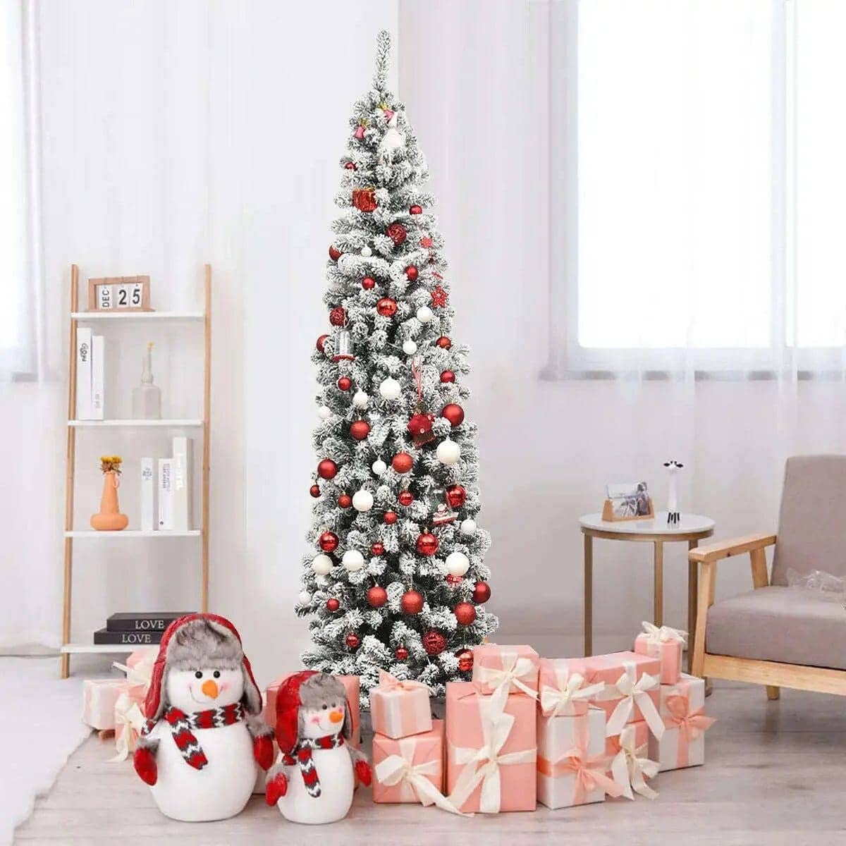 7.5 Feet Pre-lit Snow Flocked Artificial Pencil Christmas Tree with LED Lights Cartsfy Inc.