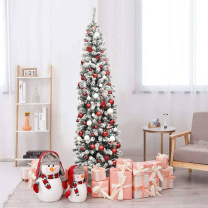 7.5 Feet Pre-lit Snow Flocked Artificial Pencil Christmas Tree with LED Lights Cartsfy Inc.